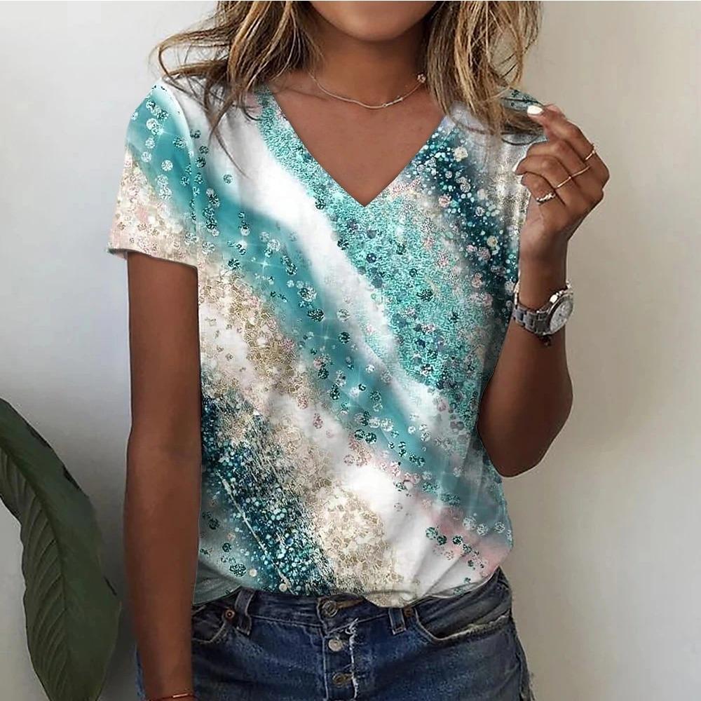 Women's Abstract Floral Painting T Shirt Summer Casual Loose Graphic Print V Neck Basic Top Fashion 3D Print Plus Size Clothing