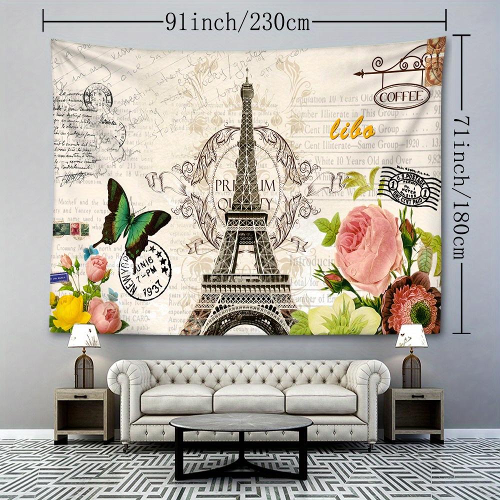 1pc French Paris Eiffel Tower Floral Tapestry, 126x320 inches, Polyester Soft and Flat Wall Hanging, No Power Needed, Woven, Textured, Natural Style R