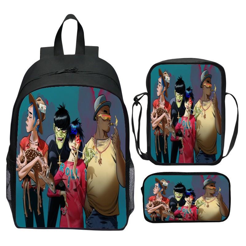 Gorillaz UK Virtual Band Printed Cartoon Backpack 3-Piece Set School Bag Lightweight Large Capacity