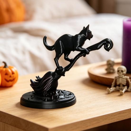 Durable Pla Craft Black Cat On Witch Broom Figurine, 3D Printed Broomstick Statue, Halloween Table Decoration Tabletop Ornament for Tiered Tray, Desk,