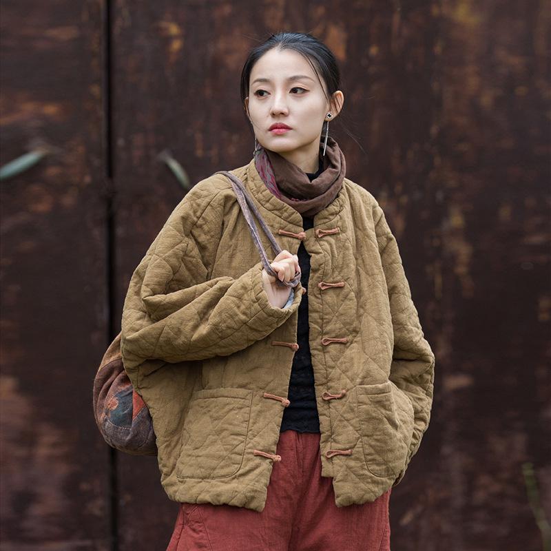 Women's Winter Ramie Quilted Diamond Pattern Cotton Coat with Frog Buttons - Bohemian Style