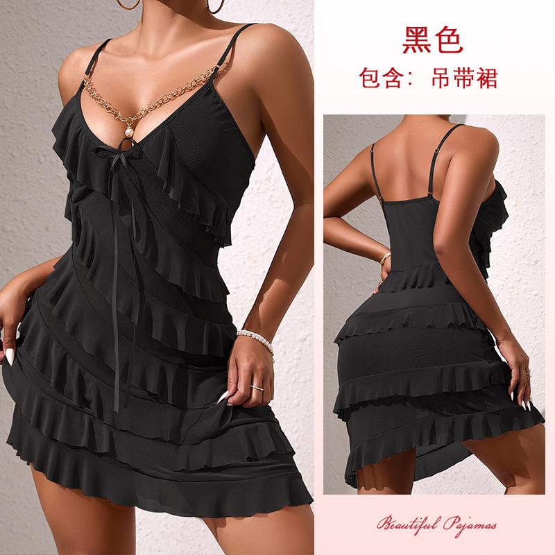 European and American women's chain decorative sexy mesh suspender dress multi-layer ruffle edge hip skirt 891