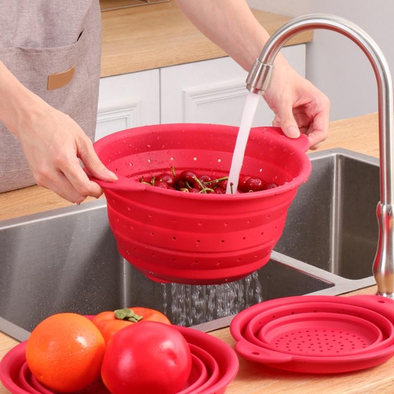 Folding Silicone Drain Basket Fruit Vegetable Washing Basket Foldable Strainer Colander Collapsible Drainer Kitchen