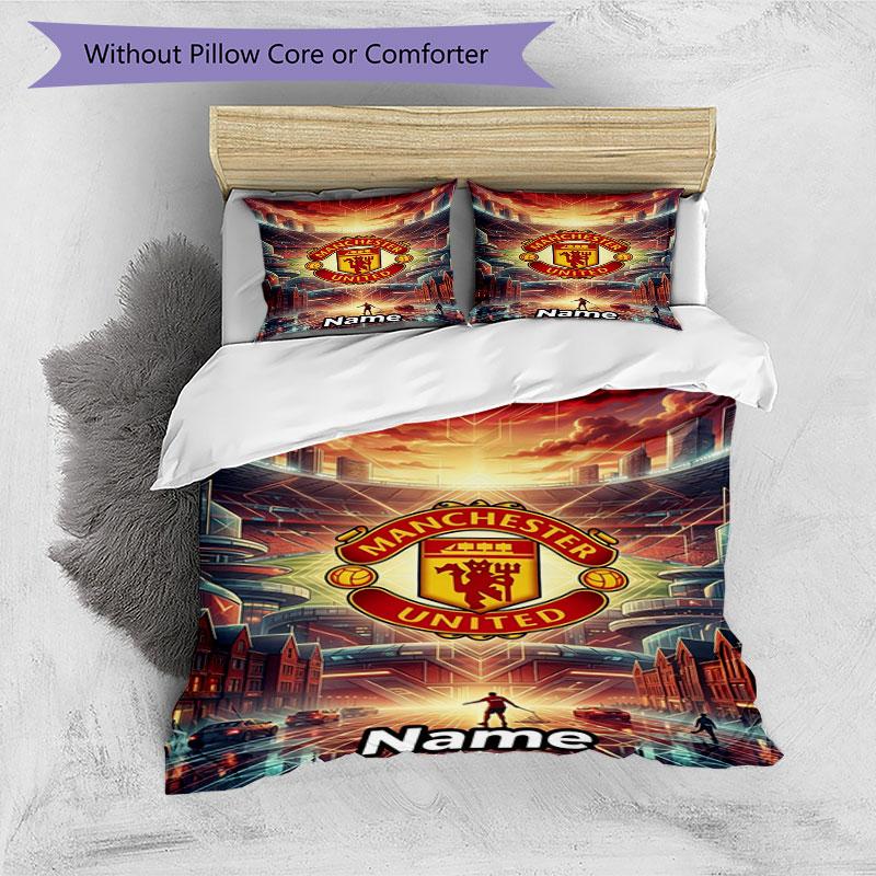 3pcs Duvet Cover Set (1*Duvet Cover + 2*Pillowcase, Without Core), Custom Name Manchester UnitedPattern Bedding Set, Home Bedroom Decor Gift
