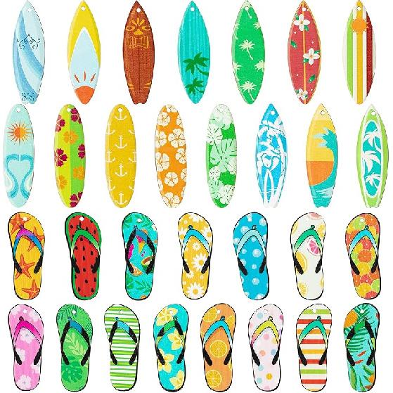 Haooryx Summer Surfboard Surfing Hanging Wooden Ornaments Decorations - 31Pcs Surf Board Shaped Beach Signs Wood Ornament with String for Home Summer