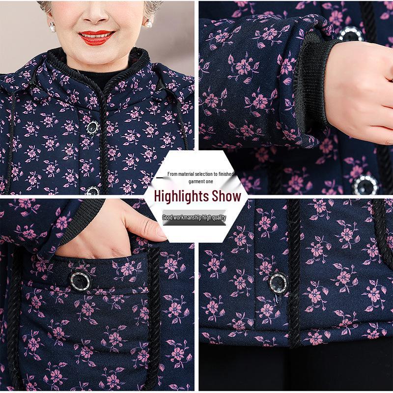 Grandma's Warm Velvet-Lined Winter Coat - Cozy Cotton Jacket for Mid-Aged & Elderly Women