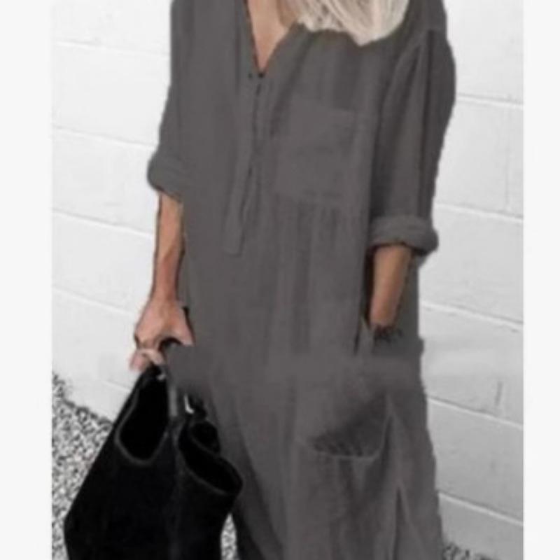 

Трансграничное элегантное однотонное платье с разрезом на лето и осень, простое платье-рубашка макси на пуговицах S серый