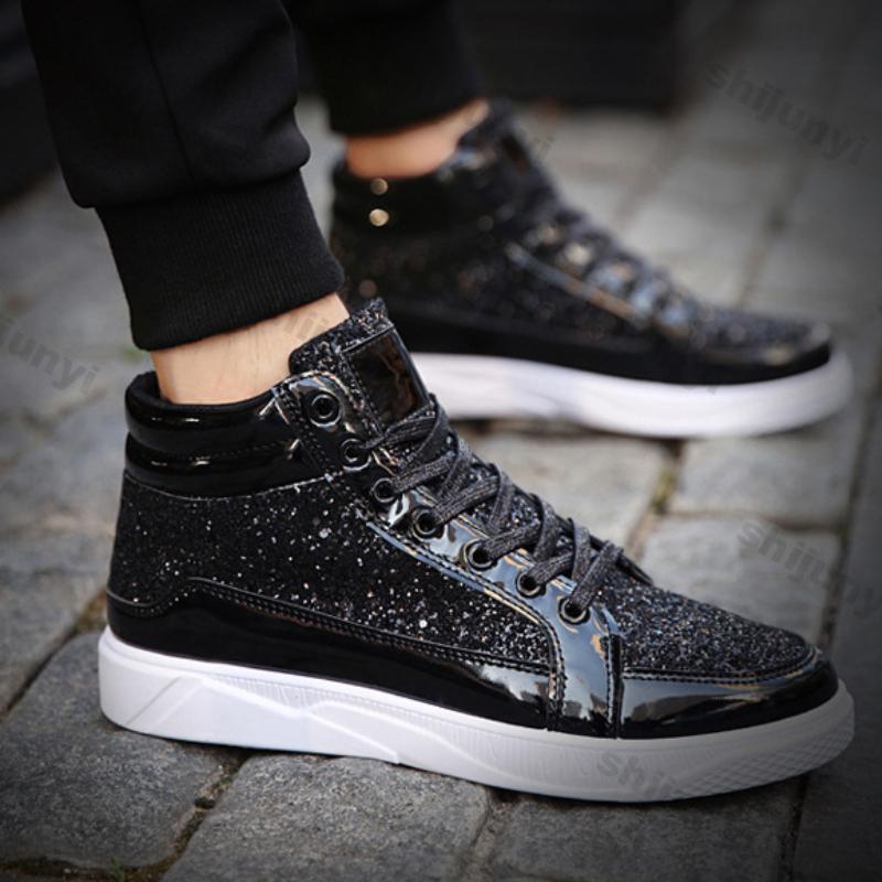 Fashion Men's Flats Leather Ankle Boots Man Autumn Fashion Bright Comfortable Casual Shoe Sneakers Casual High-top Retro Gold Sneakers