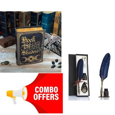 Offerta Combo Penna d'oca intagliata vintage / Quaderno in pelle Book Of Shadows Grimoire Diario in pelle Quaderno per incantesimi magici