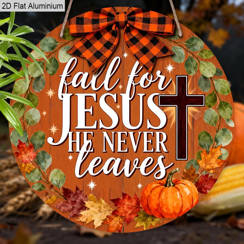 2D Flat Jesus Fall Aluminium Sign with Bow & Cross Pattern - Thanksgiving Figurine Ornaments - Ideal for Front Door, Wall, Porch, Fence Decor - Ideal