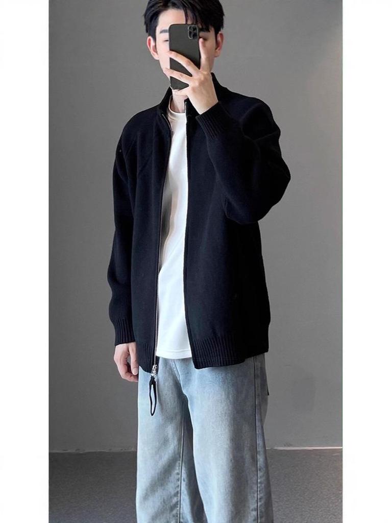 Men's Stand Collar Korean Style Double Zipper Knit Cardigan for Autumn/Winter