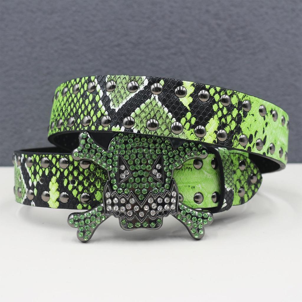 Unisex Y2K Rhinestone Skull Punk Belt with Rivet and Python Skin Design
