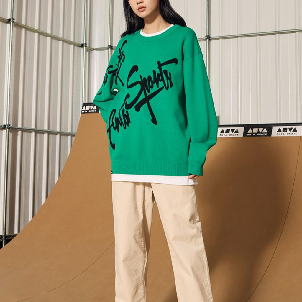 Anta Letter Print Crew Neck Long Sleeve Sweatshirt Unisex Tops Leopard-Green 172248768S-1