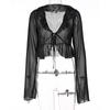 2025 Summer Deep V-Neck Ruffle Tie Long Sleeve Sheer Top