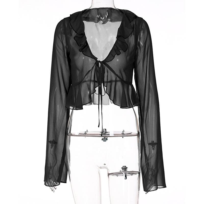 2025 Summer Deep V-Neck Ruffle Tie Long Sleeve Sheer Top