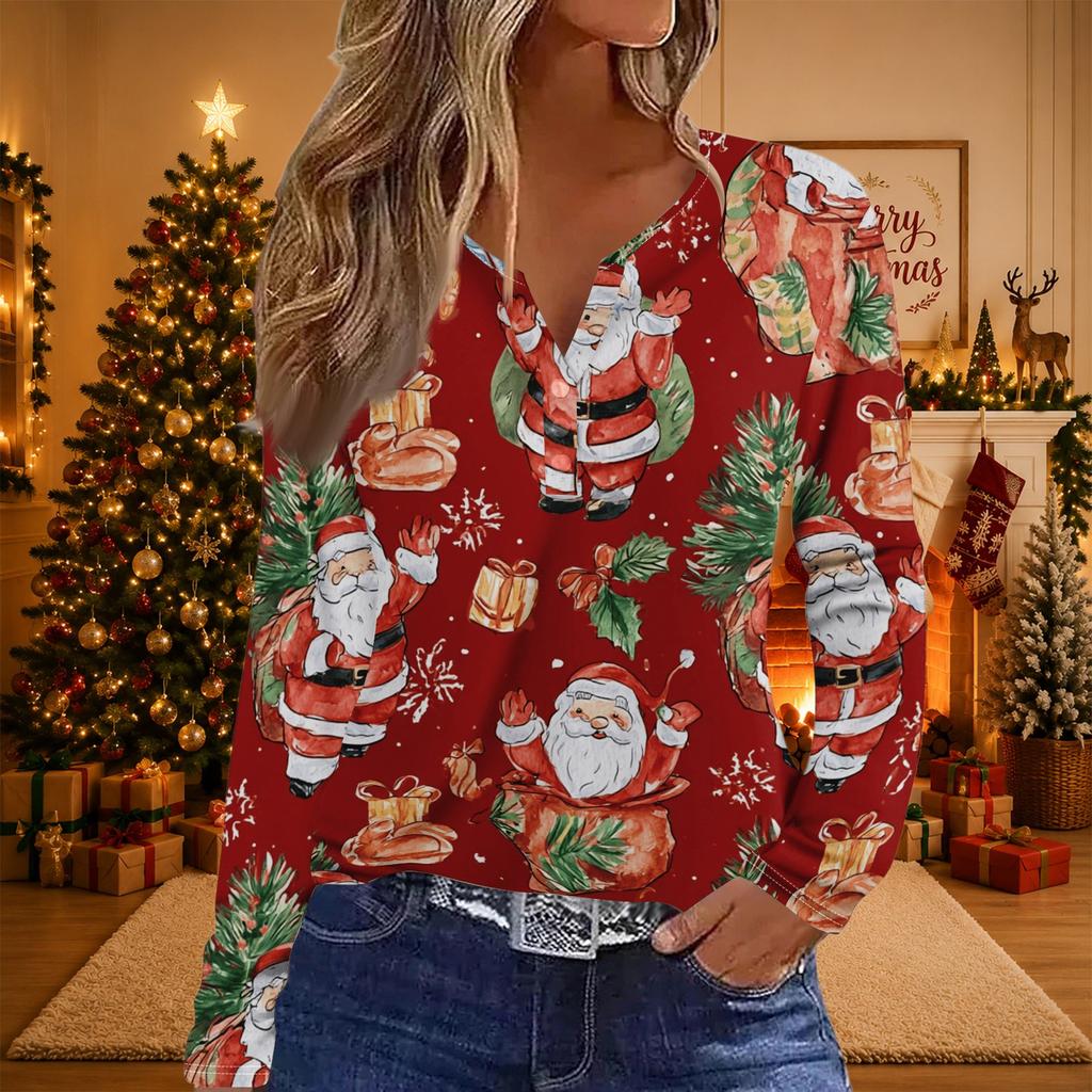 Women's Long Sleeve Christmas Print V-Neck T-Shirt with Button