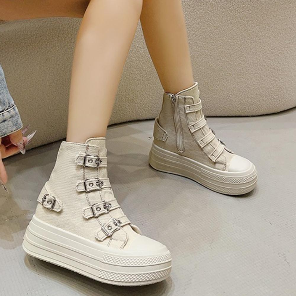 8CM Kilsneakers Canvas Skor Dam Vår Och Ny Mode Helt Vardagliga Tjock Ventilerande Sula Brädskor