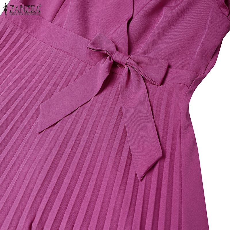 ZANZEA Women Casual V-Neck Summer Short Sleeve Pleated Dress