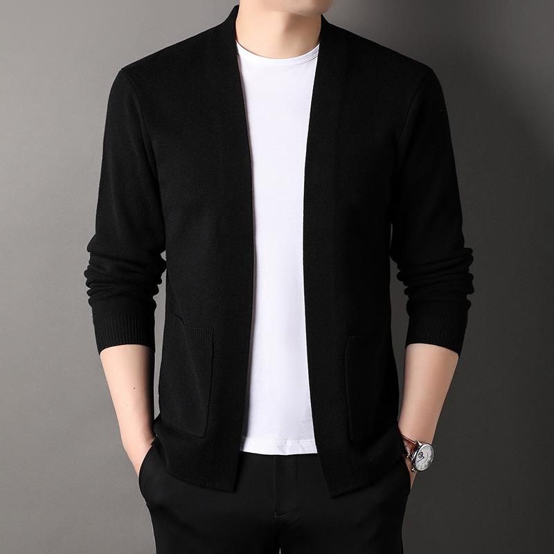 

Men s Solid Color Wool Cardigan Sweater with Real Pockets - Trendy Autumn Outerwear L чорний
