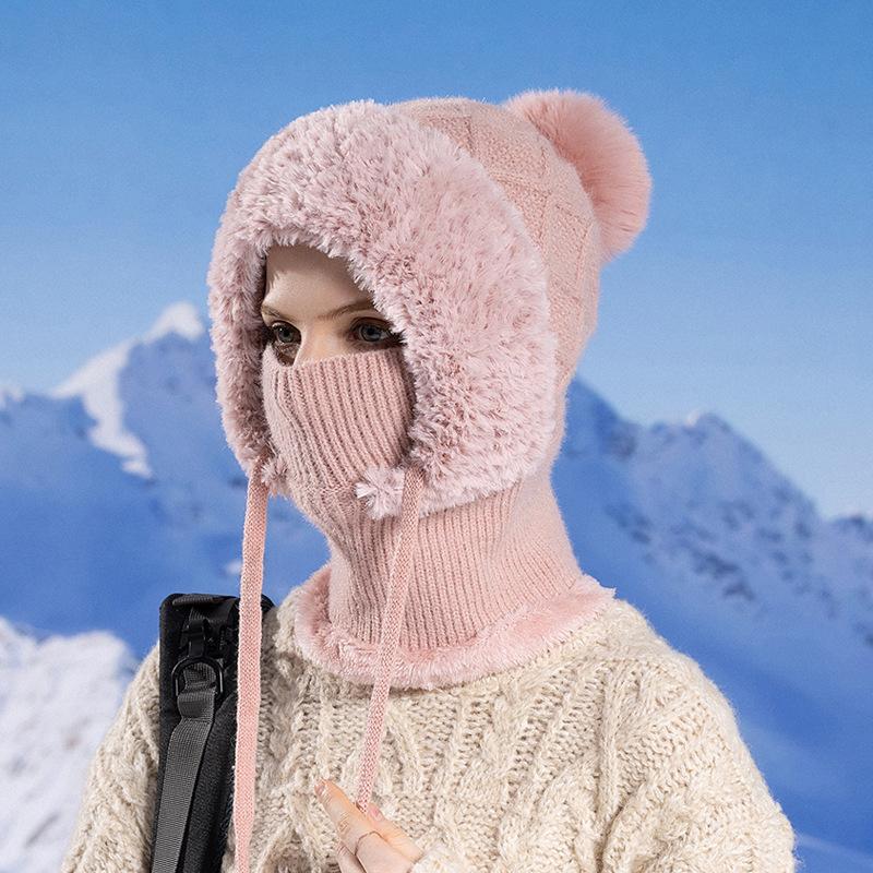 Winter Velvet Knitted Wool Hat Women's Ear Protection Hat Mask Scarf Integrated Thermal Pullover Hat