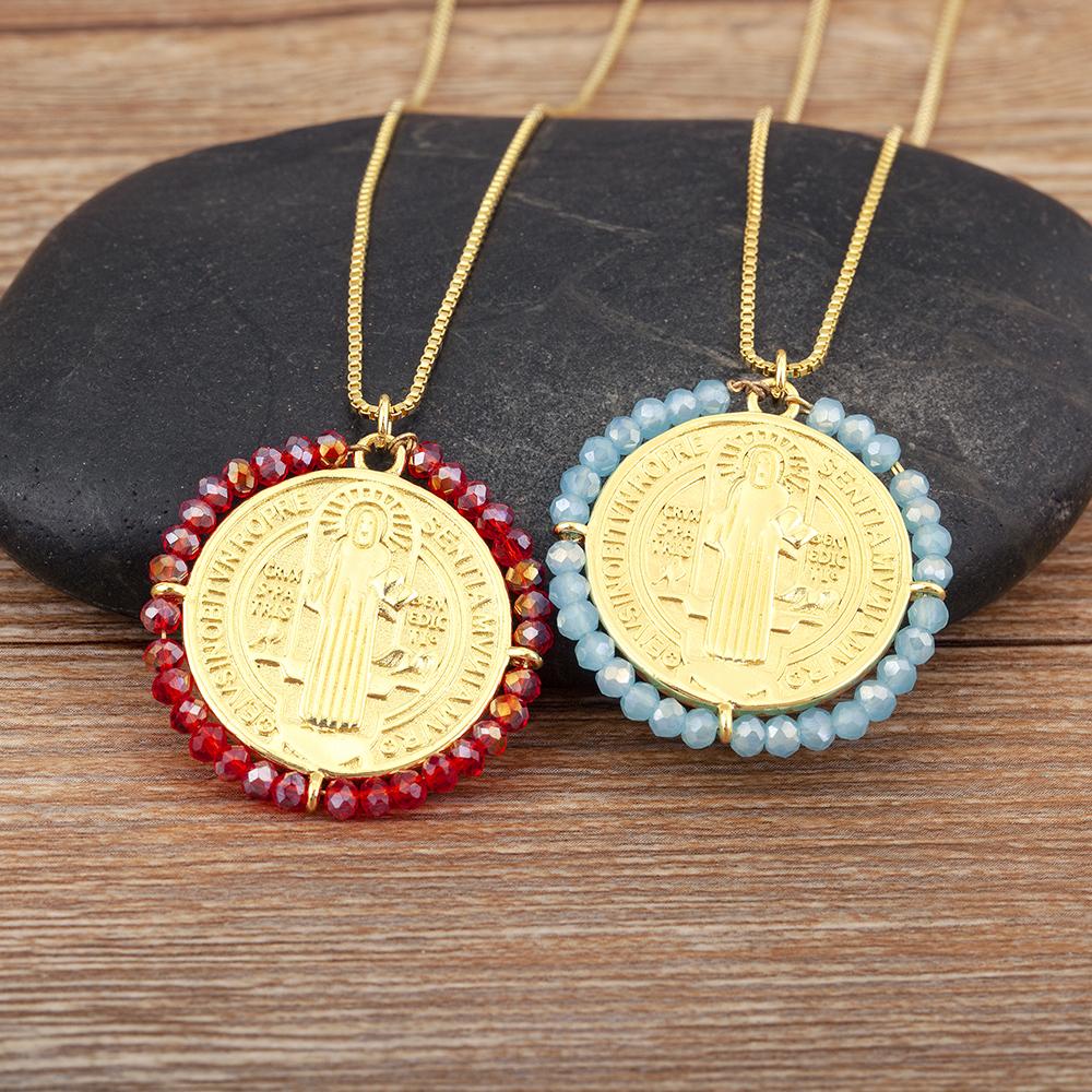 Nidin Neues Kreatives Design Runde Form Eingelegte Perlen Charm Anhänger Halskette Für Damen Herren Religiöser Stil Schmuckzubehör Geschenk