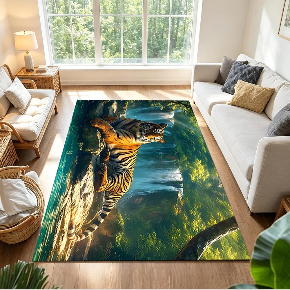 Tiger In Waterfall Realm Non-Slip Home Carpet Design for Office Decor Living Room Gift