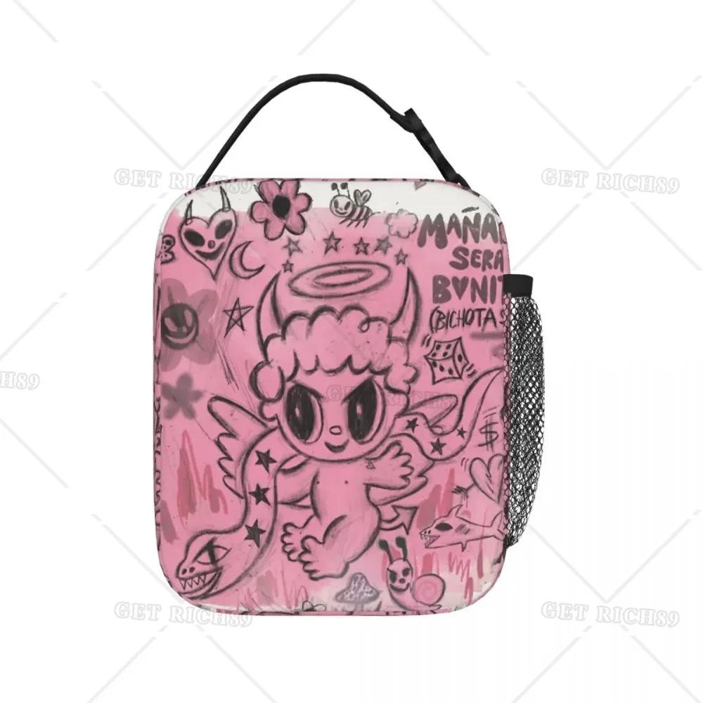 Pink Cute Evil Insulated Lunch Bags Portable Thermal Lunch Box Tote Bag with Side Pocket for Woman Girls Kids Work Picnic School