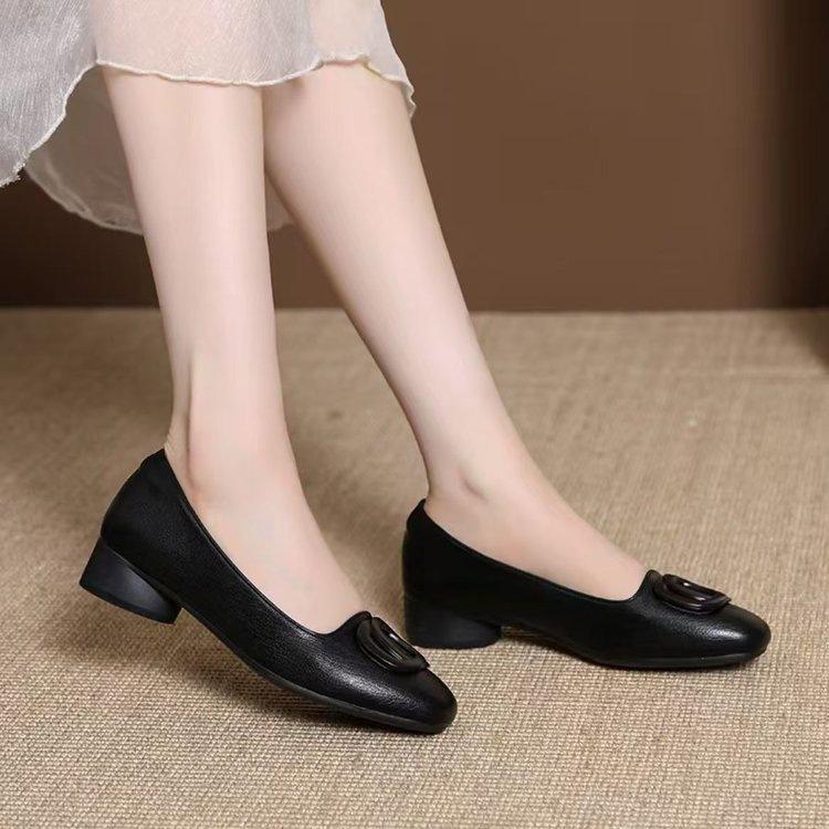 Square head single shoes spring new soft leather shoes light mouth thick heel soft sole leather shoes