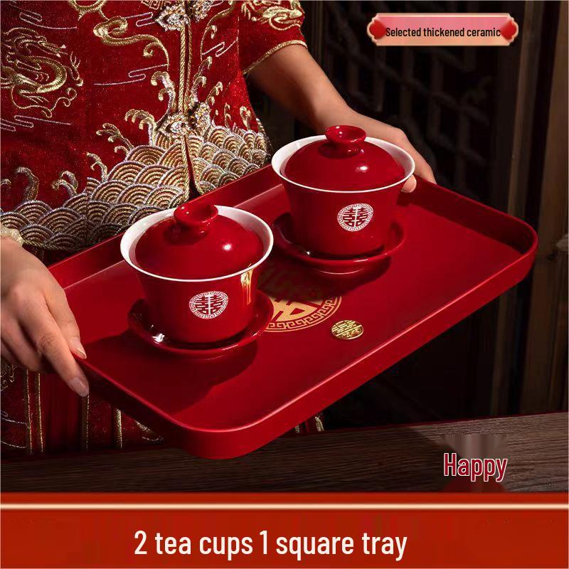 Red Wedding Tea Set: Complete Cups, Lid, Bowl & Chopsticks Set for a Joyous Occasion