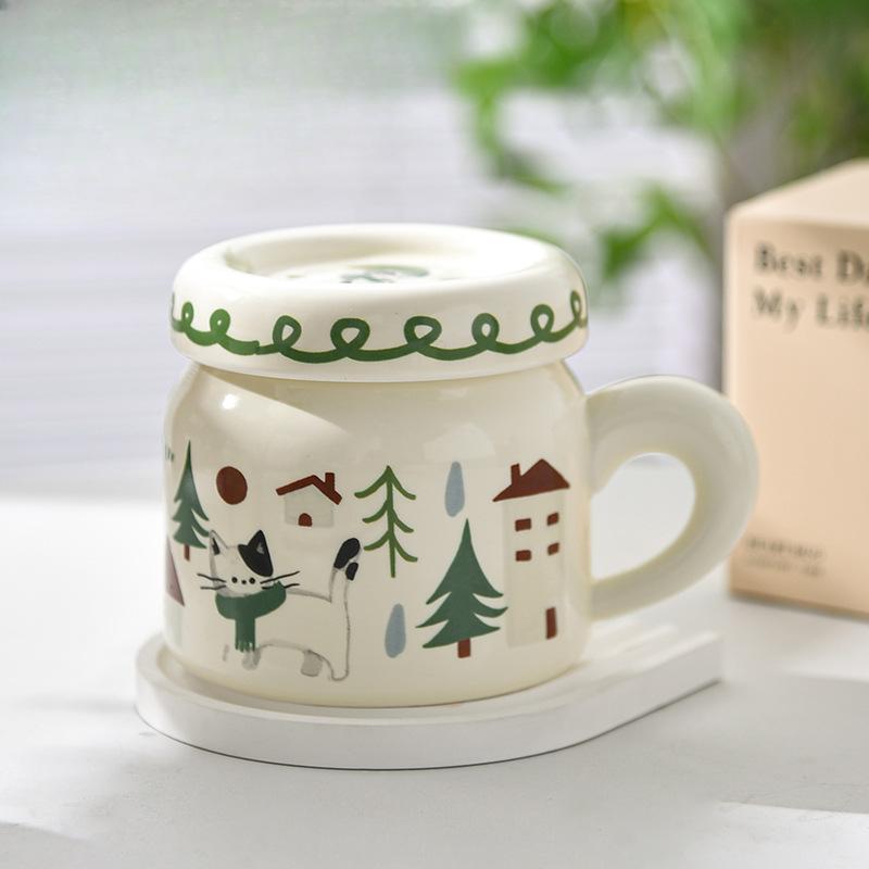 Cat Ceramic Cup with Lid Mug Girl Cute Literary Milk White Small Drinking Water Cup Office Worker Coffee Cup
