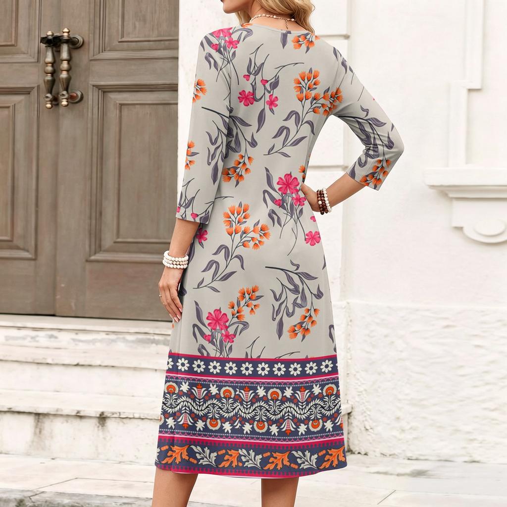 Women's Floral Print V-Neck Casual 3/4 Sleeve Dress