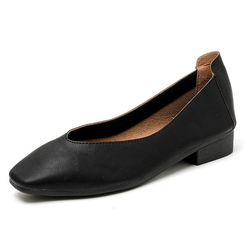 Leather 3.5cm thick heel middle heel single shoes women's spring and autumn new French square head professional work non-grinding feet grandma shoes