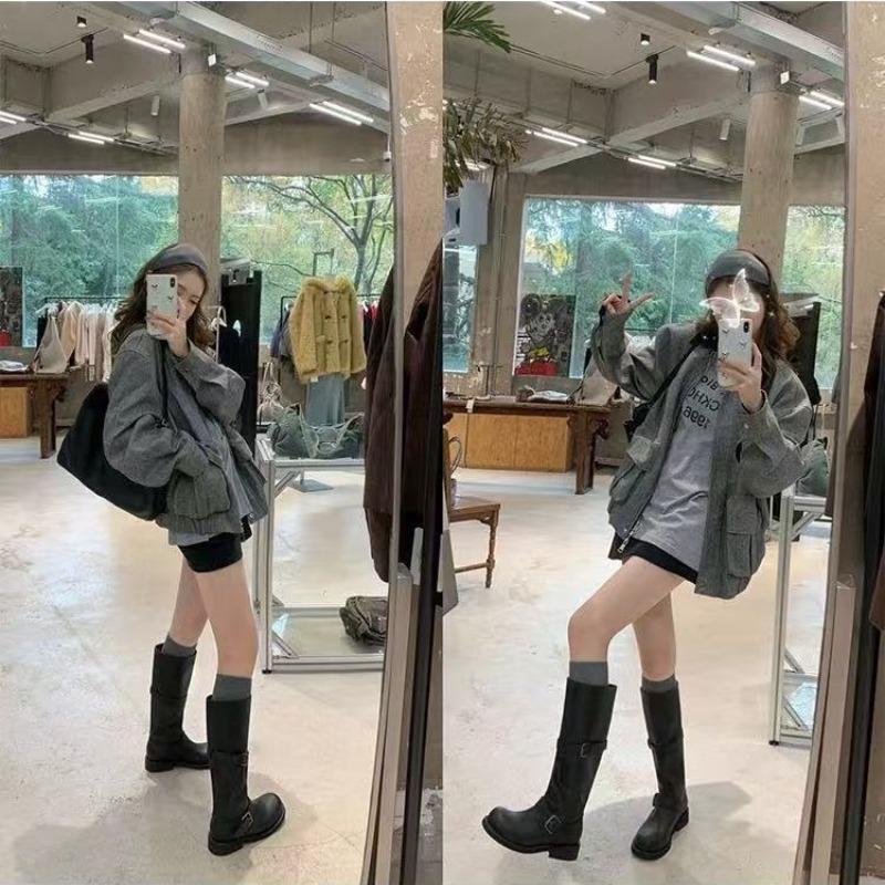 Cowhide Version~ Wide Tube Leather Shoes Thick-soled High Boots Women's Pile Boots Thick Heel Boots Knight Boots