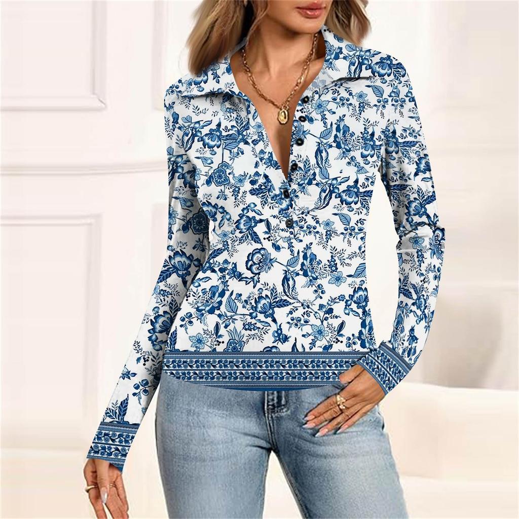 Women's Fashion Casual Printed V-Neck Long Sleeve Button-Down Top