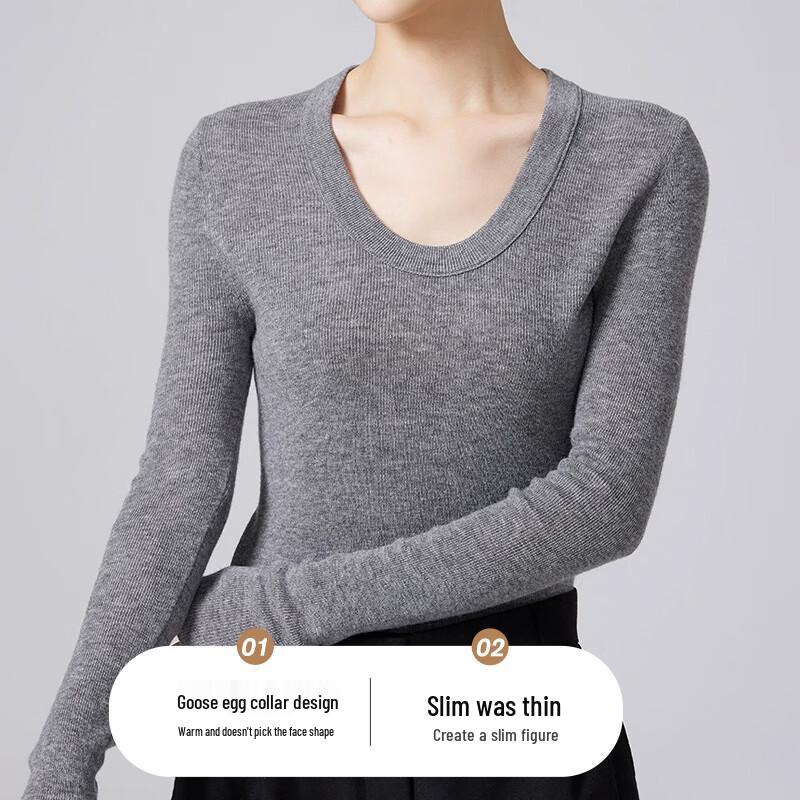 Fengxun Women's 100% Pure Wool Slim Fit Long Sleeve U-Neck Sweater