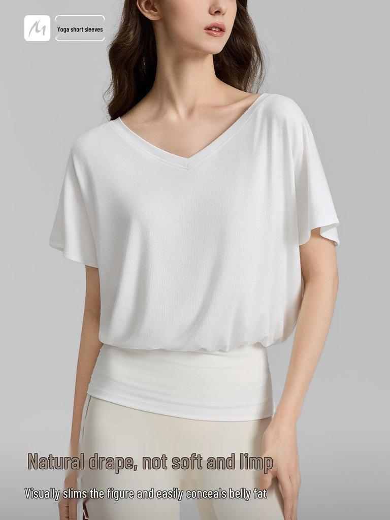 Women's V-neck Batwing Yoga T-shirt: Loose, Short Sleeve, Drawstring, Lazy Style for Spring/Summer 2026.