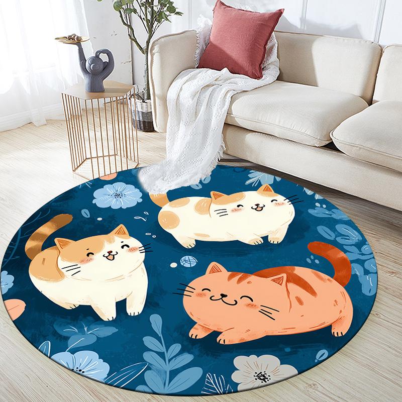 Flat Style Cat,Round Area Rug,Carpet Rug for Living Room Bedroom Sofa Playroom Decor,Non-slip Floor Mat