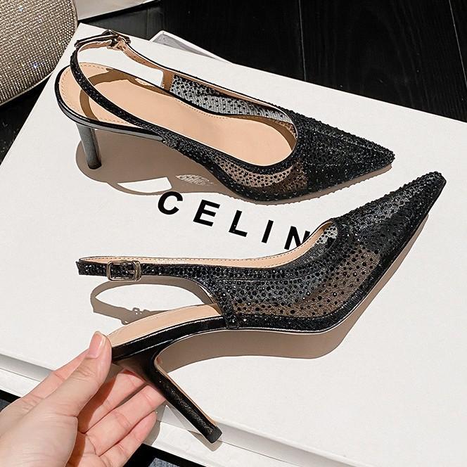 New Full Diamond Pointed Mesh Rhinestone High Heel Sandals Women's Dinner Shoes Wedding Shoes French Temperament Versatile Bag Head Back Empty