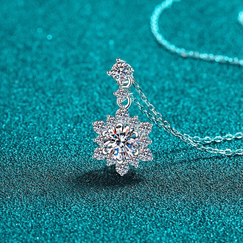 Sterling Snowflake Pendant Necklace Women Moissanite CZ Stone Cross Chain Elegant Layered