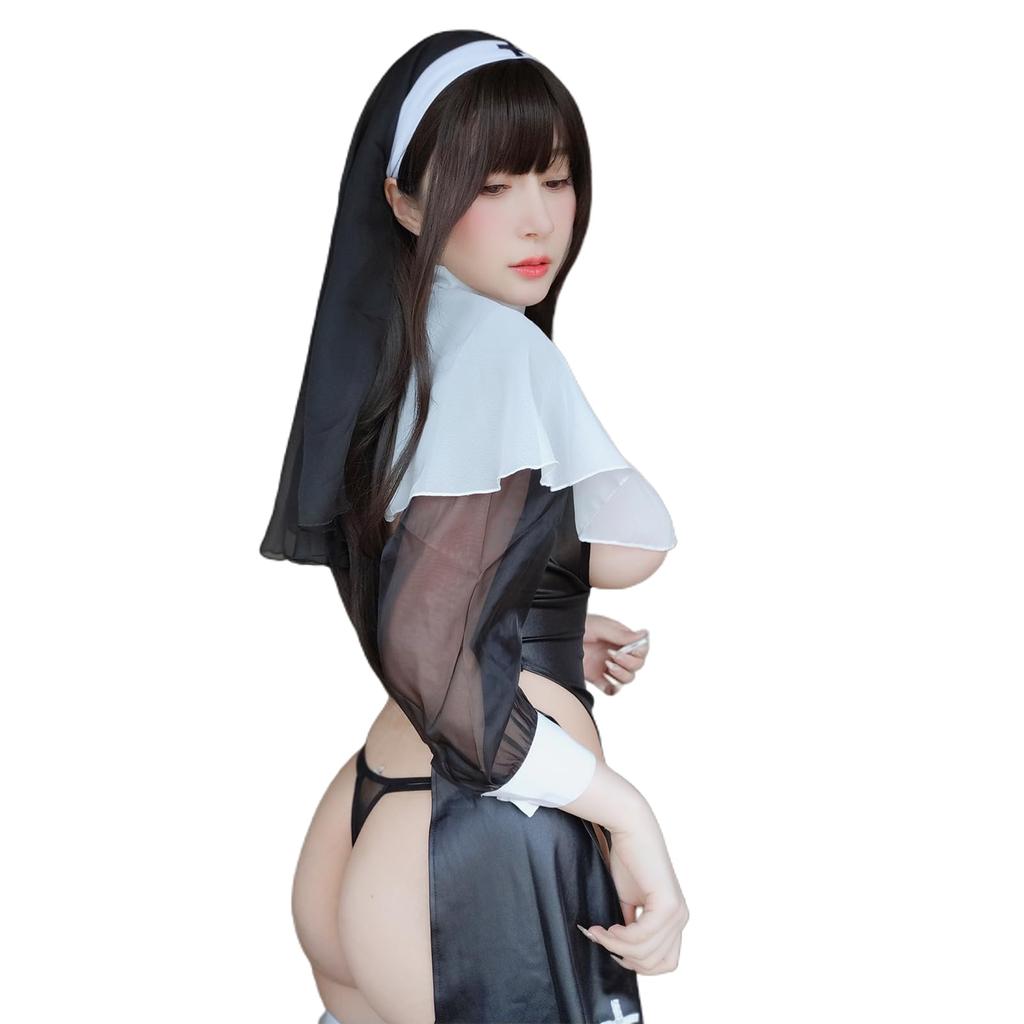 Cosplay Sexy Sister Nun Open Chest Open Butt Costume Lingerie Maid Saint Pastor Missionary Church Choir Cute Lingerie Halloween Dress Veil Nipples 4