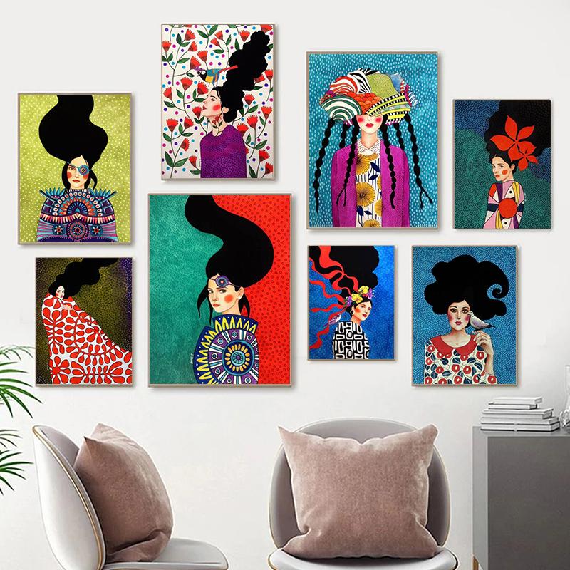 Abstract Retro Flowers Girls Hair Canvas Paintings Posters and Prints Nordic Wall Art Pictures For Living Room Home Decoration