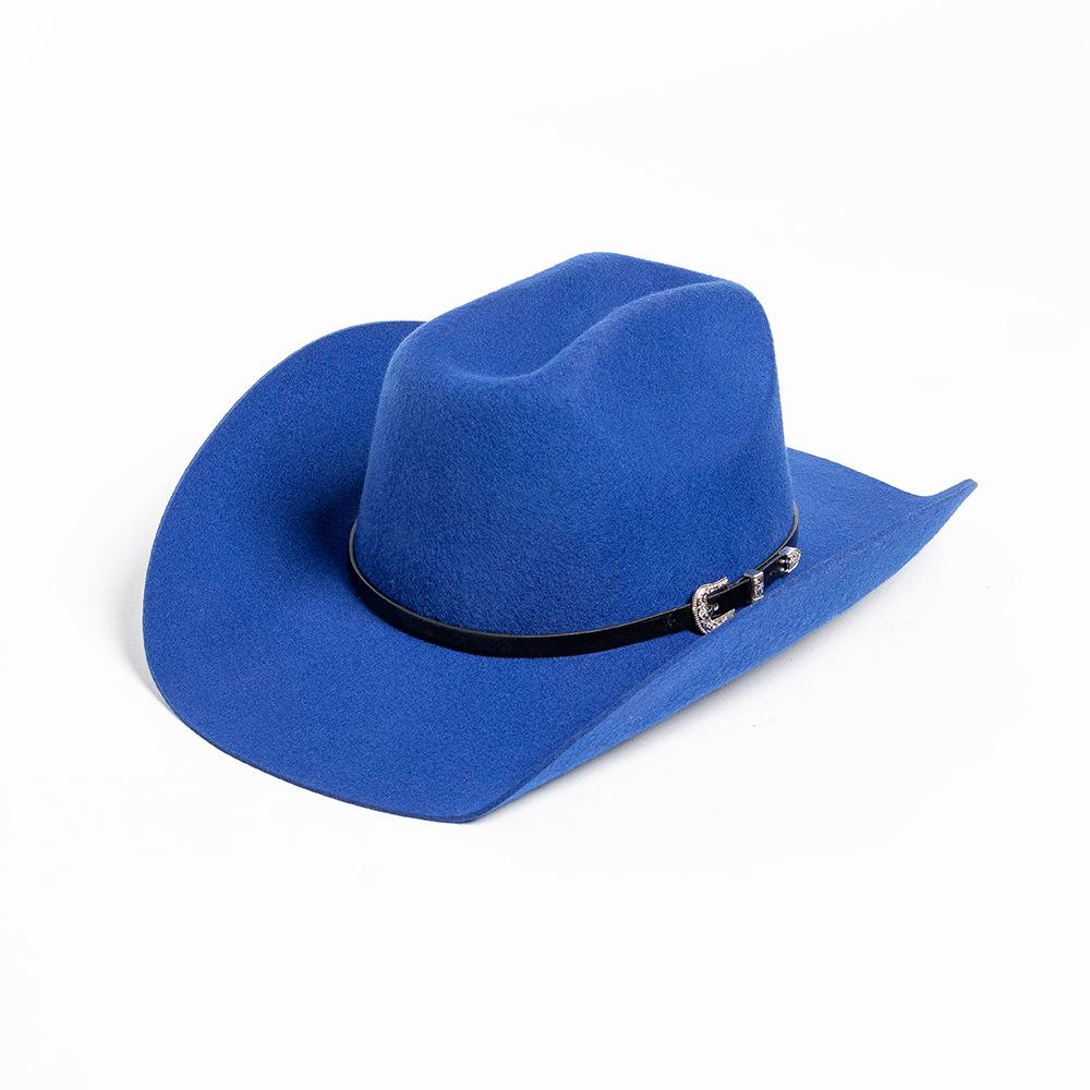 Europe, America, Autumn and Winter New Fashion Casual Belt Buckle Upturned Edge Big Brim Wool Felt Denim Hat Outdoor Warm Top Hat Tide