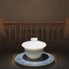 Chinese Jadeite Porcelain "Pingbu Qingyun" Three-talent Covered Bowl Tea Cup, High-end White Porcelain Master's Cup Tea Set