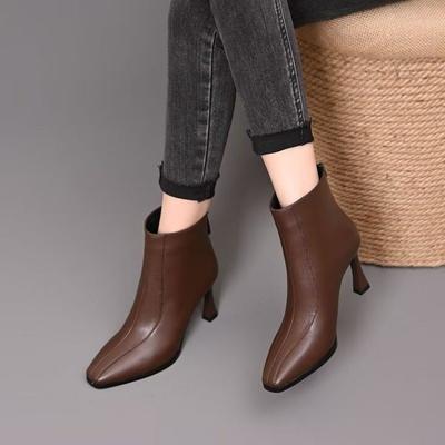 Saltos altos finos stiletto femininos novo temperamento moda outono e inverno veludo marrom botas curtas