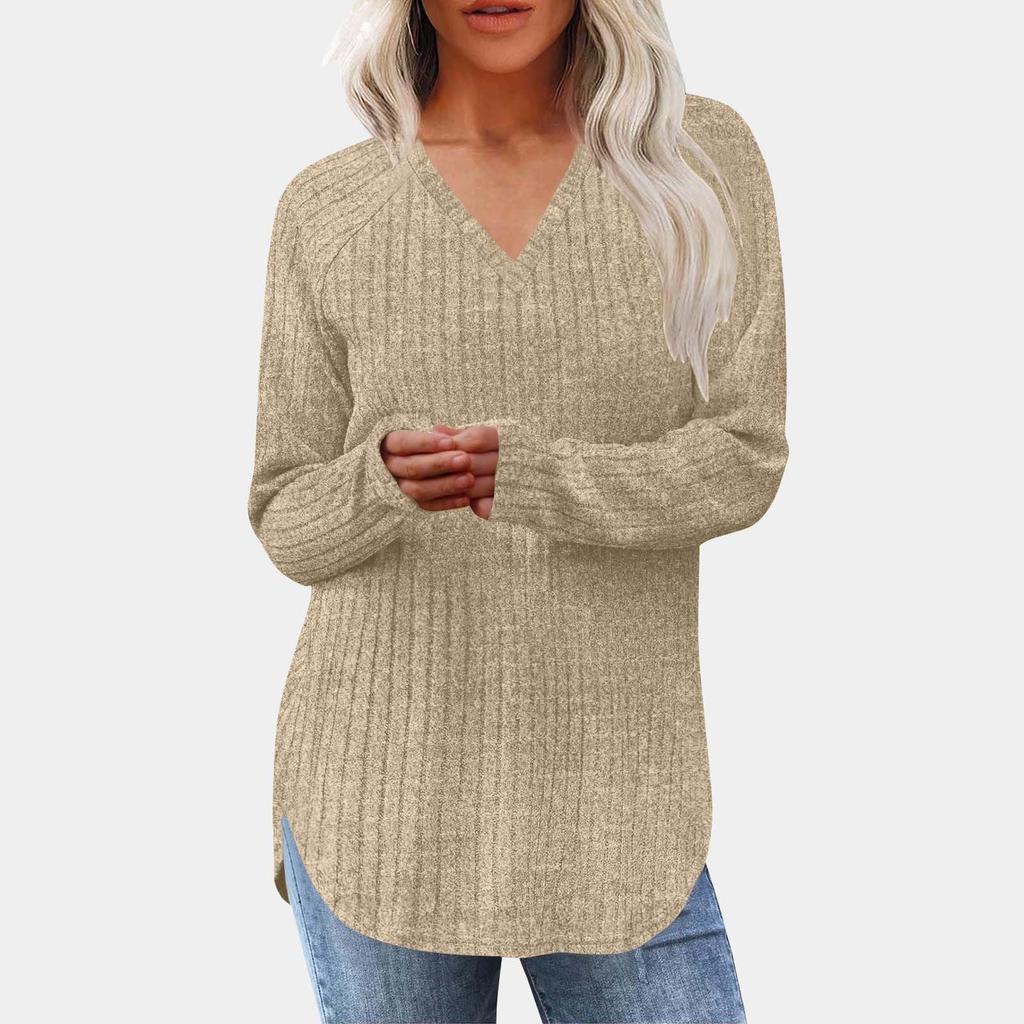 Women's Fashion Loose-Fit Long-Sleeved Knitted T-Shirt In Solid Colour Top