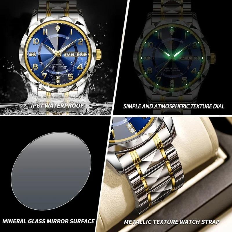 Men Quartz Watch Waterproof Date Week Luminous Wristwatch Stainless Steel Watch Business Clock