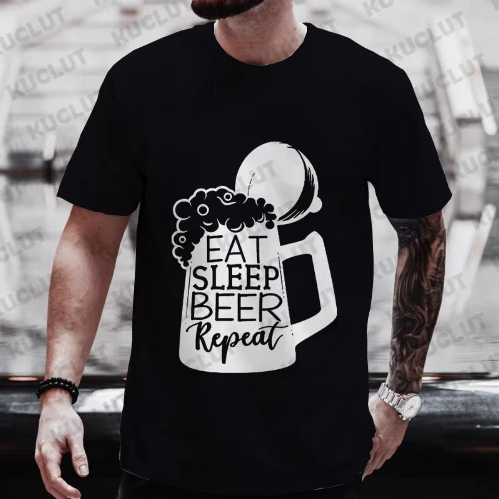 Herren T-Shirts Essen Schlafen Bier Wiederholen Lustige Grafik Y2k Kleidung Bier TAG Trinkparty Oberteile Übergröße Streetwear Kurzarm