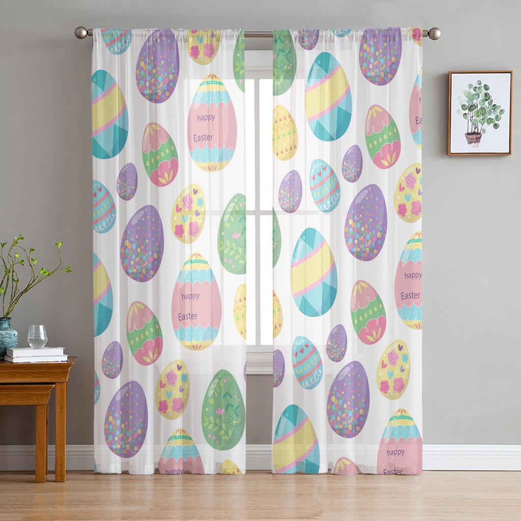 Easter Eggs Grass Rabbit Ears Sheer Tulle Window Curtains For Living Room Bedroom Kitchen Veiling Curtain Home Decoration