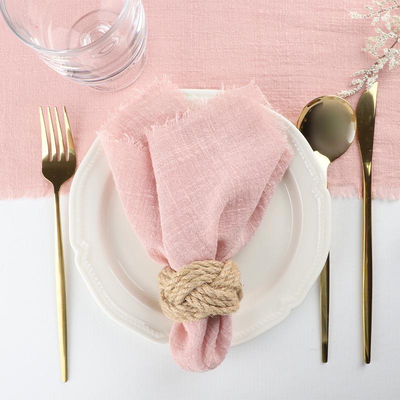 Premium Disposable Handmade Classic Linen Tassel Fringed Pleated Square Napkins Set Placemats for Western Dining Table Home 42*42CM розовый