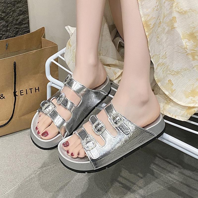 Thick-bottomed one-character slippers for women's outer wear summer new versatile rhinestone soft-bottomed sandals for women's slippers